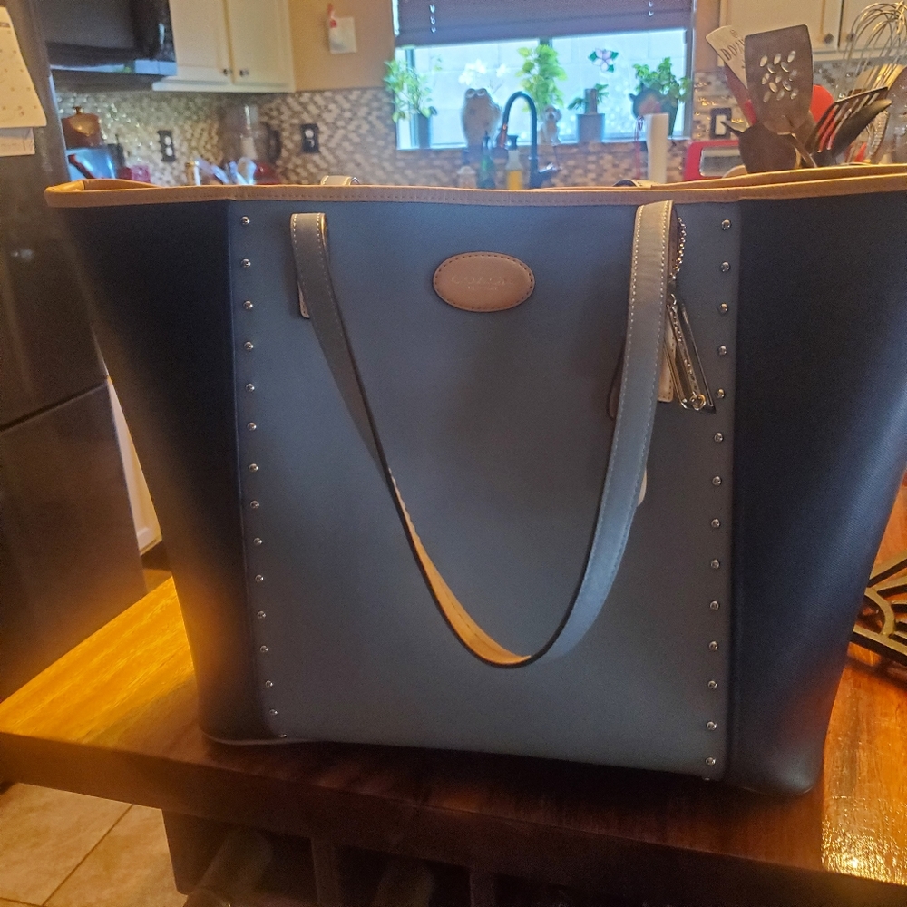 Coach two tone blue and cream studded tote